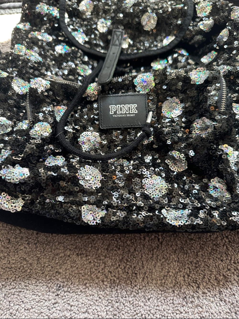 PINK Victoria's Secret Black Sequin Floral Drawstring Backpack - Picture 2 of 9